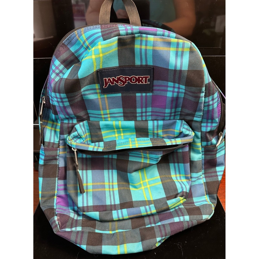 JanSport SuperBreak Backpack Teal Purple Yellow Plaid School Travel Bag